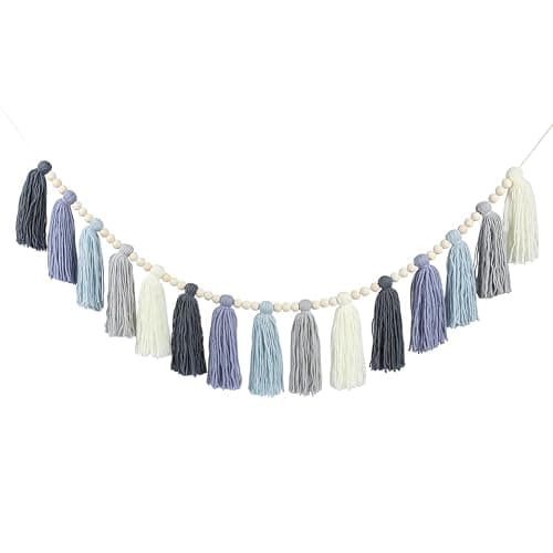 DrCor Coastal Boho Tassel Garland - Handmade Dusty Blue Yarn Banner for Classroom, Nursery, Kids Bedroom, Office, Baby Shower, Birthday Party, Back to School Decor - Jeans - Image 1