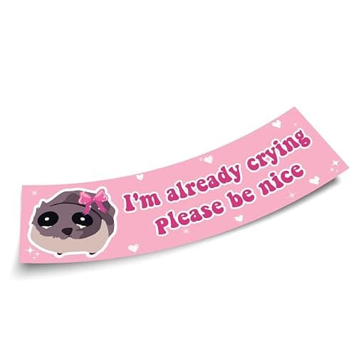 Funny Sad Hamster Meme Bumper Sticker I'm Already Crying Please Be Nice Pink 11x3in Sticker, Funny Bumper Sticker for Car Truck, Waterproof UV-Resistant Sticker - Image 1