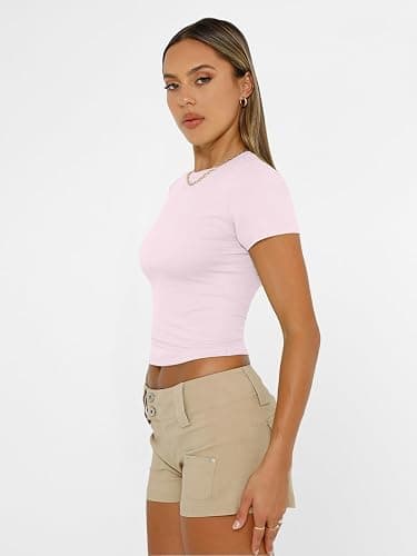 AUTOMET Women's Crew Neck Short Sleeve Basic Stretchy Tight Fitted T-Shirt thumbnail 5