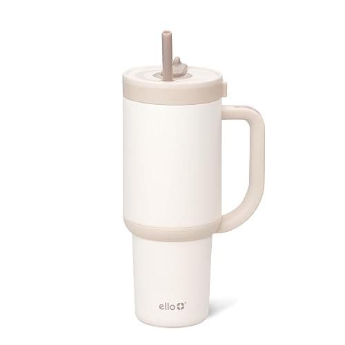 Ello Oasis 30oz Insulated Stainless Steel Tumbler with Straw, Cream Tonal | Insulated stainless steel cup with handle, retracting straw, leakproof lid, keeps cold 24 hours, cupholder fit - Image 1