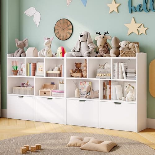 Garvee Toy Storage Organizer with Movable Drawers, Kids Bookshelf with Hidden Wheels & Open Cubbies, Multifunctional Floor Storage Chest for Playroom, White thumbnail 3