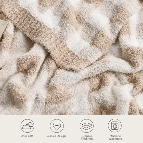 Snuggle Sac Checkered Throw Blanket for Couch, Super Soft Cozy Warm Knit Netural Decorative Fluffy Blankets, Reversible Buffalo Plaid Microfiber Throws for Sofa Bed, Plaid Beige, 50x60 Inches thumbnail 4