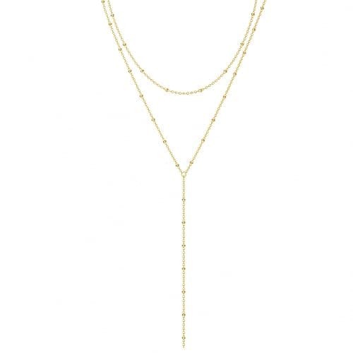 Foxgirl Lariat Gold Necklace for Women, Dainty Long Necklace 14k Gold Plated/Silver Y-Shaped Pendant Necklace Trendy Layered Cz Beaded Chain Drop Necklaces Simple Gold Jewelry For Women Gift - Image 1