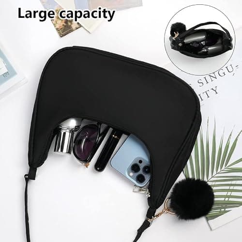 Aucuu Umhängetasche Damen Handtasche, Nylon Retro Achsel Tasche mit Pom-Pom-Schlüsselanhänger, Y2k Fashion Unterarmtasche mit Reißverschluss-Geschenk für Weihnachten und Geburtstag thumbnail 5
