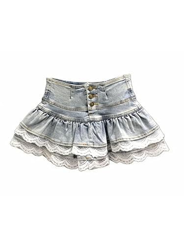 Preppy Lolita Kawaii Skirts Sweet Mini Women Cute Ball Gown Denim Skirt Y2K High Waist Lace Cake Skirts - Image 1