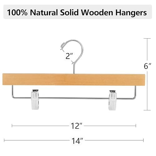 AMKUFO 20pcs Wooden Pants Hangers Solid Pants Hanger with Adjustable Clips 14 Inch Natural Wood Skirt Hangers Trousers Bottom Hanger with Non-Slip Clips and 360° Swivel Hook - Natural thumbnail 2