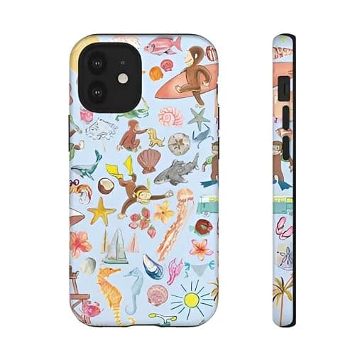 Curious Monkey George Whimsical Summer Beach Phone Case Compatible with iPhone 16E, Protective Hybrid 2-Layer Hard Shell, Cute Curious Monkey Collection Playful George thumbnail 3