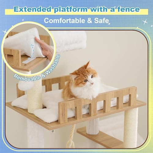 Hey-brother Wooden Cat Tree, 69.7 inch CatsFI urniture Tower with Large Platforms, Hammocks, Spacious Condo, Full Sisal Scratching Posts, Ladder, Brush, Water Proof Surface, White Oak MPJ121BT thumbnail 3