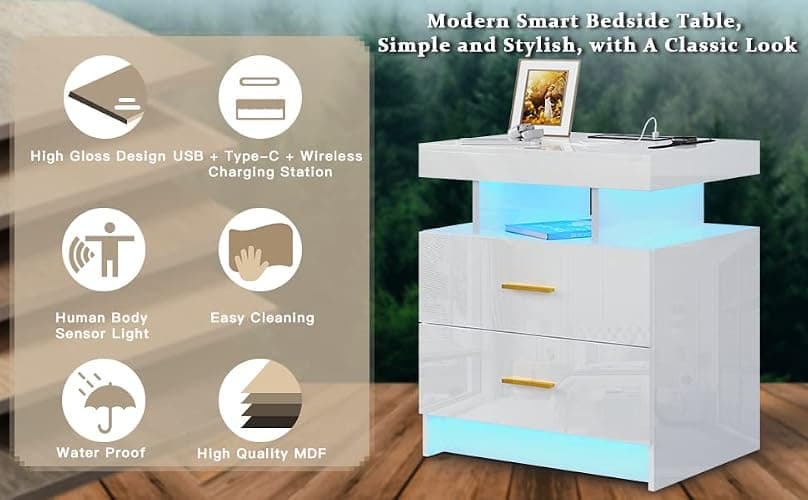 HNEBC Auto LED Nightstand with Wireless Charging Station & USB Ports,High Gloss Bedside Tables with 2 Drawers,Floating Nightstand with 3 Color & Adjustable Brightness for Bedroom,White thumbnail 7