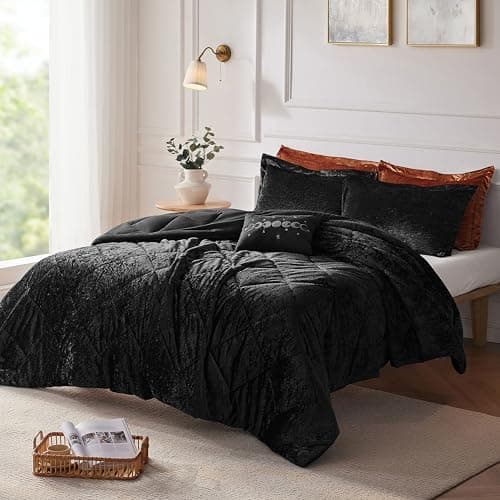 Intelligent Design Queen Duvet Cover Set, Velvet Queen Duvet Set, Luxury Diamond Quilting Black Duvet Cover, Fluffy Duvet Cover with Decorative Pillow and 2 Shams, 4 Pieces, Black, Full/Queen thumbnail 11