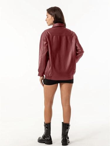 hathne Women's Oversized Leather Jackets Faux Zip Up Fall Fashion Motorcycle Jackets Coats Winter Clothes thumbnail 6