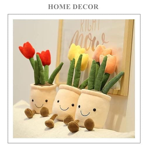 WUZHOU Tulip Plush Toy, 13.7" Flower Pot Stuffed Plushie Pillow Decoration, Soft Fluffy Toy Succulent Plants Friend Throw Pillow, Multicolor (Yellow-Tulip) thumbnail 4