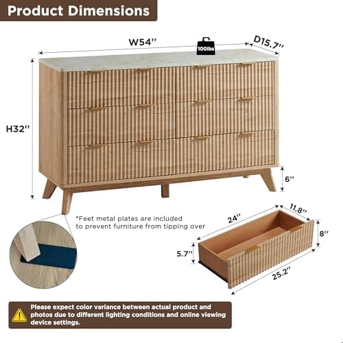 T4TREAM Fluted 6 Drawers Dresser, 54" Wide Modern Chest of Drawers with Faux Marble Top, Curved Profile Design, Dresser TV Stand, Wood Drawer Organizer for Bedroom, Living Room, Hallway, Natural Oak thumbnail 2