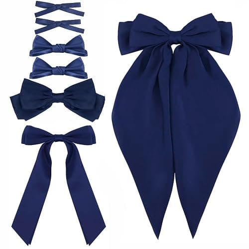Ahoney 7 Pack Navy Blue Bows for Hair Bows Silky Satin Big Hair Bow Hair Clips Multi Style French Long Hair Ribbon Hair Accessories Barrettes for Women Girls - Image 1
