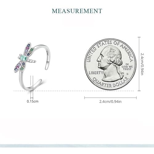 Cute Dragonfly Adjustable Ring 925 Sterling Silver Colorful Cubic Zirconia Stackable Open Finger Band Rings Promise Statement Daughter Birthday Valentine's Day Jewelry Gifts for Women Girlfriend thumbnail 3