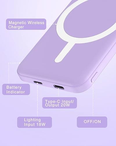 podoru for MagSafe Power Bank 5000mAh, Ultra-Slim Magnetic Portable Charger | 20W PD Fast Charging, Travel Essentials with USB-C Cable, Wireless Battery Pack for iPhone 17/16/15/14/13/12 Series-Purple thumbnail 6