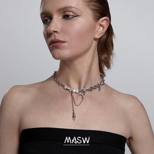 Fashion spliced ​​clavicle chain breeding irregular star pearl necklace women's jewelry silver metal choker personality chunky necklace teardrop shape tassel clavicle chain thumbnail 3