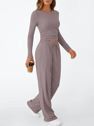 Trendy Queen Women's 2 Piece Matching Lounge Set Long Sleeve Slightly Crop Top Wide Leg Pants Casual Sweatsuit thumbnail 3