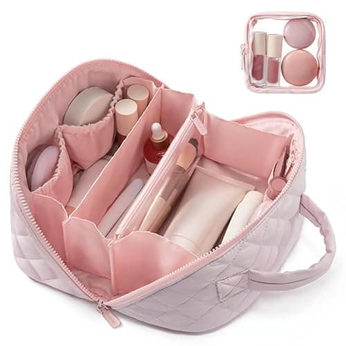 Women's Travel Makeup Bag, Travel Essentials Makeup Bag, Spacious 180° Open Cosmetic Organizer with 5 Dedicated Pockets, Leak-Proof & Odor-Resistant, Ideal for Travel & Daily Use(Pink) thumbnail 2