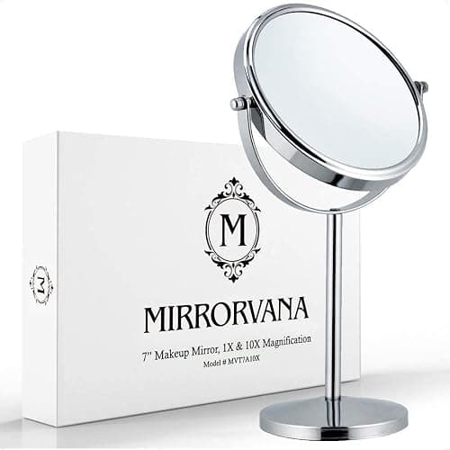 10X Magnifying Makeup Mirror on Round Stand for Tabletop, Bedroom Vanity Desk and Bathroom Counter - Free Standing Double Sided 10X/1X Magnification Mirror - 7" Wide and 14" Tall (Chrome) - Image 1