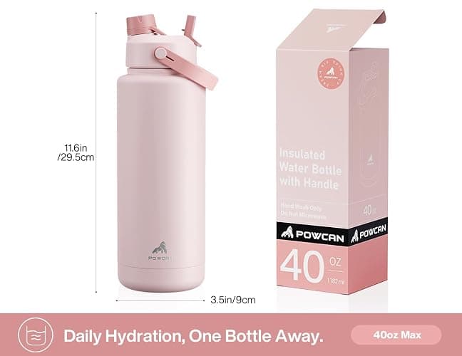 POWCAN 40 oz Insulated Water Bottle with 2-in-1 Straw and Spout Lid, Keep Cold 24H, Leak-Proof, BPA-Free, Double Wall Stainless Steel Water Bottle for Sports, Gym, Travel, and School (Cotton Candy) thumbnail 3