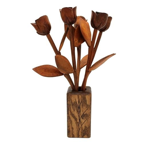 JustPaperRoses 5th Wedding Anniversary Hand Carved 5 Stems Wood Roses 18 inches Tall with Vase. - Image 1