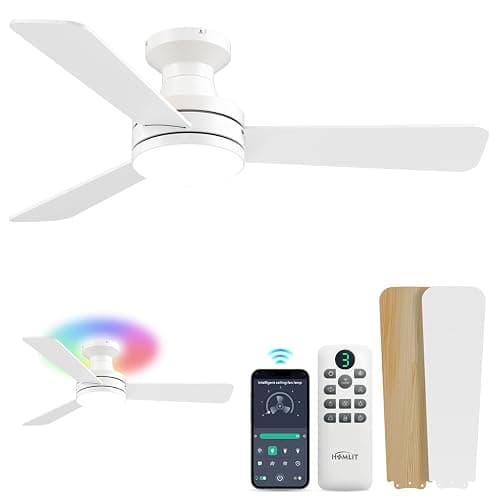 Homlit 42 inch RGB Ceiling Fan with Light, Smart App & Remote Control Low Profile Flush Mount, Music Sync Lighting, 6-Speed Quiet Reversible DC Motor, 4CCT Dimmable for Home Office Party,White - Image 1