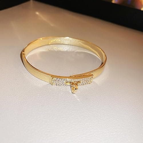 FOMCORT 18K Gold Plated Turn Lock Bracelet with Cubic Zirconia，Classical Fashion Stainless Steel Bangle Bracelet for Men and Womens - Gold thumbnail 4