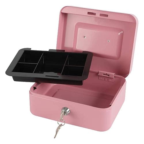 xydled Locking Steel Medium Cash Box with Removable Coin Tray and Key Lock,7.87"x 6.30"x 3.54",Pink thumbnail 6