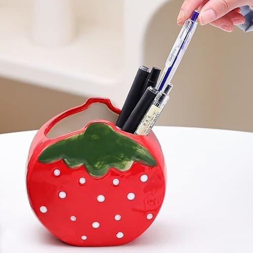 Youfui Strawberry Pencil Holder Toothbrush Holder Cute Pen Holder for Desk Organizer Makeup Brush Pencil Cup Kawaii Desk Accessories Aesthetic Office Home Decor Birthday Gifts for Women (Red) thumbnail 4