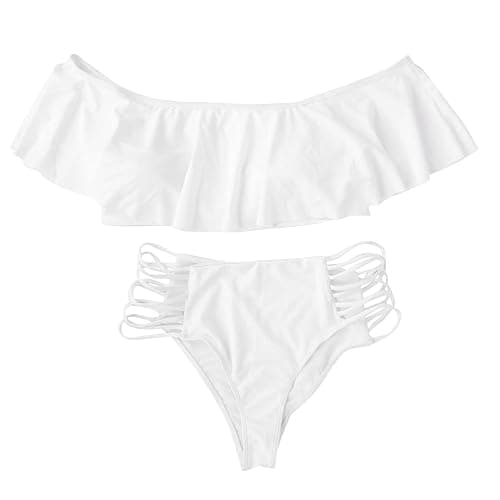 Akklian Women Two Piece Swimsuits Ruffled Plus Size Bikini Sets High Waisted Cutout Tummy Control Off Shoulder Bathing Suits thumbnail 4