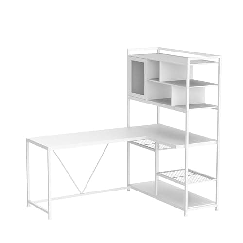 SEDETA L Shaped Computer Desk, 58'' Office Desk with LED Light and Bookshelf, L Shaped Corner Desk with Storage Shelves for Home Office, Gaming Desk, L Desk, White thumbnail 4