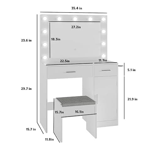 Viaozutis Vanity, Vanity Desk with Mirror, Large Drawer and Power Socket with 11 Light Bulbs and 3 Adjustable Lighting Modes, Vanity Table Ideal for Bedroom (White) thumbnail 6