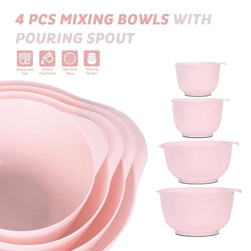 BoxedHome Nesting Plastic Mixing Bowl Set, 4 Piece Mixing Bowl Set with Pour Spouts, Size 1.7, 2.5, 3.5 and 4.5qt, for Prepping, Mixing, Baking, Cooking(2023 New Version, Pink) thumbnail 4