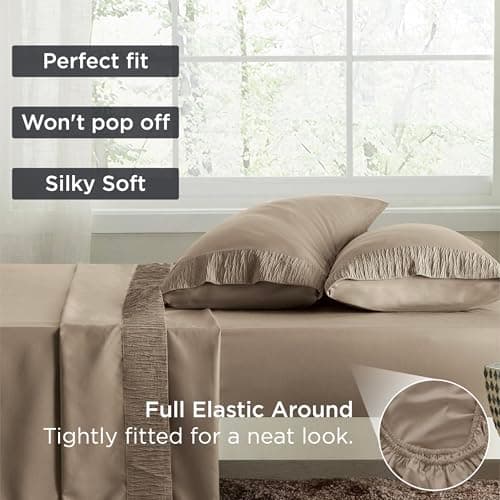 Bedsure Queen Sheet Set - 4 Pieces Soft Queen Size Sheets - Breathable & Cooling - Hotel Luxury - Easy Care Polyester Microfiber Bedding for Kids, Women, Men, Light Khaki thumbnail 6