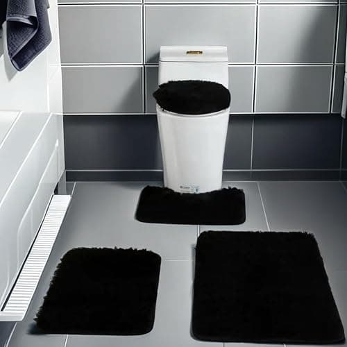 m0p6uh6k Bathroom Rug Sets 4 Piece Non Slip, Toilet Lid Cover and Contour Mat, Bath Mats Shower Mats Bath Rug Mat for Tub Toilet Bathroom (Black) thumbnail 3