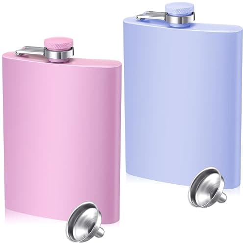 Meanplan 2 Pack 8 oz Flasks for Women Hip Flask for Liquor Matte Flask with Funnel Leakproof Stainless Steel Whiskey Pocket for Alcohol Drink Wine Christmas Valentine Wedding Gift(Pink, Purple) - Image 1