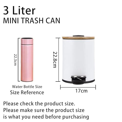 Trash Can with Bamboo Lid Soft Close, 3L Mini Pedal Bin, Round Garbage Can with Inner Bucket for Bathroom, Bedroom, Powder Room, Office, Desk, Car (White) thumbnail 3