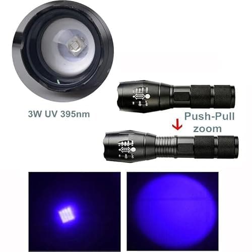 UV LED Zoom Torch 395nm Ultra Violet Black Light Waterproof Super Bright 500lm for Hotel Room Inspection, Revealing Pet Urine & Stains, Banknote Detecting etc + 3 AAA Batteries (Pack of 2 Torches) thumbnail 2