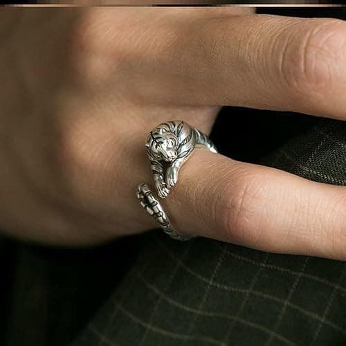 Yocoyee Unique Punk Lizard Tiger Ring for Men Vintage Thai Silver Vivid Animal Opening Adjustable Ring-Tiger thumbnail 3