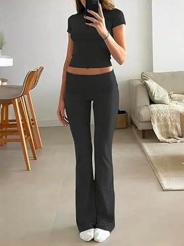 AYWA Women's 2 Piece Lounge Sets Short Sleeve Crop Top Foldover Flare Pants Casual Pajama Outfits thumbnail 3