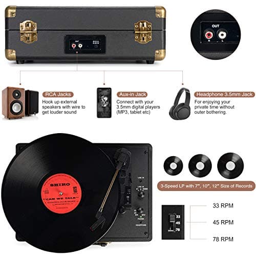 Record Player 3-Speed Bluetooth Suitcase Portable Belt-Driven Vinyl Record Player with Built-in Speakers RCA Line Out AUX in Headphone Jack Vintage Turntable Black thumbnail 3