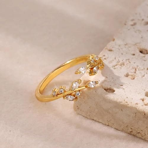 cotwdi Gold Rings Non Tarnish Silver Adjustable Rings for Women Cubic Zirconia Leaf Ring Dainty Silver Stackable Ring for Women thumbnail 6