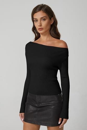 QINSEN Womens Asymmetrical Neck Sweater Slim Fit Long Sleeve Knit Pullover Top thumbnail 4