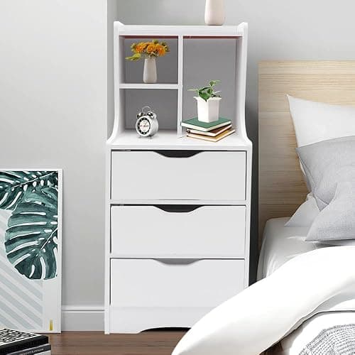 Nightstand with 3 Drawers, 33.4 in Tall Storage Night Stand with Hutch, Nightstands Bedside Table with Drawers & Storage Shelf, 3 Drawer Dresser, Small Bed Side End Tables for Bedroom, Living Room thumbnail 2