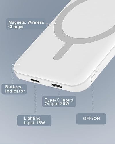podoru for Magsafe Battery Pack, 5000mAh Magnetic Power Bank with Type-C Cable 20W PD Fast Charging Lighting Input Wireless Portable Charger for iPhone 17/16/15/14/13/12/ All Series-White thumbnail 5