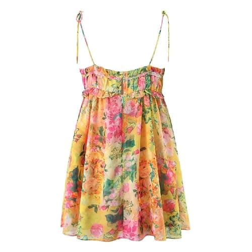Women Bow Lacing Up Dress Holiday Ruched Chest Print Spaghetti Strap Mini Dress thumbnail 3