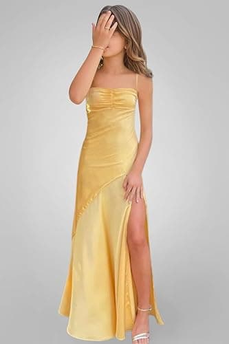 Topsta Junior Bridesmaid Dresses for Teen Girls Satin Flower Girl Dress Spaghetti Strap Girls Formal Dress with Slit thumbnail 5