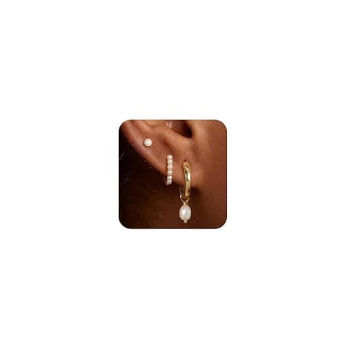 OOOPEL 3 Pairs Stackable Gold Hoop Earrings Set for Women 14K Gold Plated Earring Stacks CZ Heart Pearl Rhombus Bow Four Leaf Star Huggie Earrings for Women Trendy Jewelry - Image 1