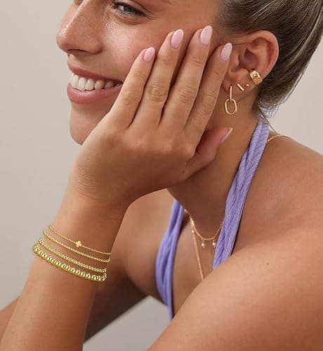Gold Beaded Bracelets for Women, 14K Real Gold Plated Jewelry for Women Dainty Pearl Bead Bracelets Stack, Non Tarnish Trendy Stackable Ball Cross Stretch Bracelet Set Fashion Accessories Gifts for Women - Gold cross bead thumbnail 6